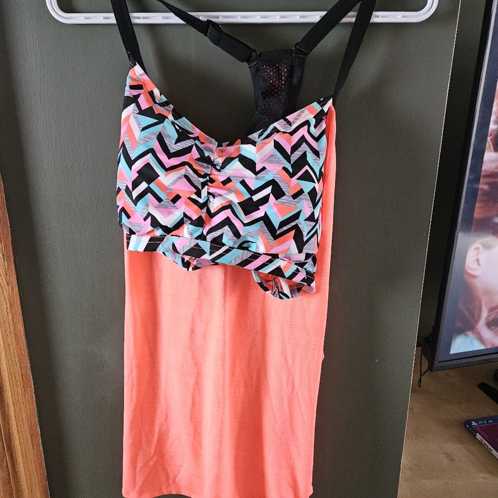 Neon Coral Tank with Geometric Black, White & Aqua Bust